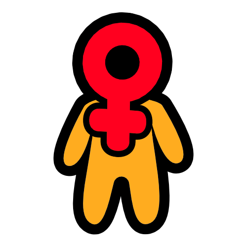 a short yellow figure with a red venus sign for a head.